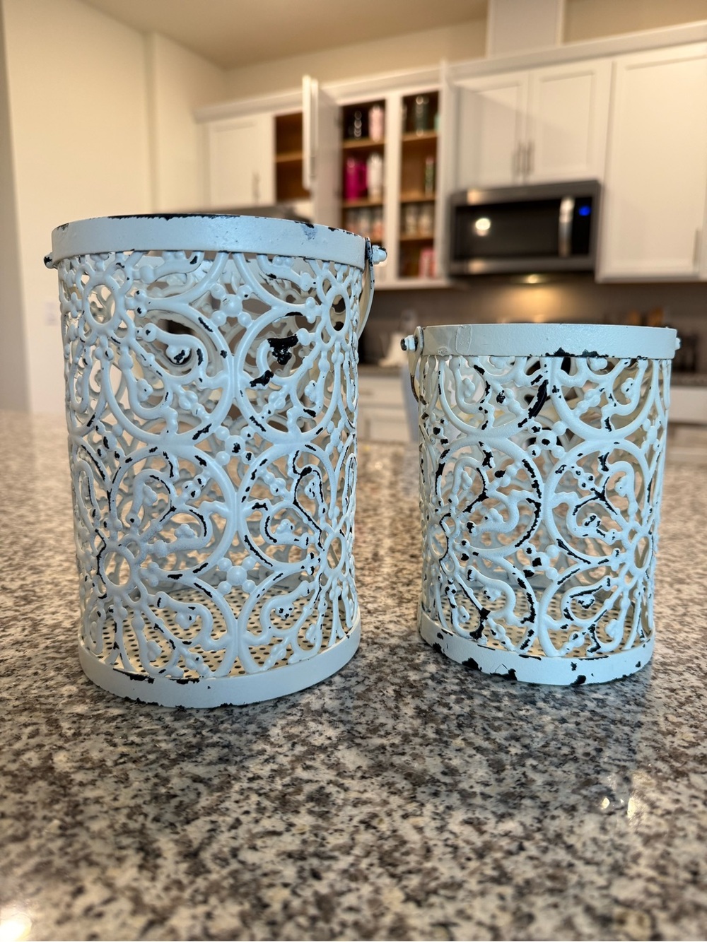Wedding Decor! Distressed White & Black Metal Floral Lantern / Bucket